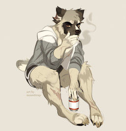 alcohol anthro areola beer beverage beverage_can biped black_body black_bottomwear black_clothing black_fur black_nose black_shorts bottomwear brown_eyes cheek_tuft cigarette claws clothed clothing facial_tuft feet fingers fur grey_clothing grey_hoodie grey_topwear hoodie inner_ear_fluff looking_at_viewer male muscular muscular_anthro muscular_male muscular_thighs nipples paws shorts simple_background sitting smoke smoking solo tan_body tan_fur thick_thighs toes topwear tuft yellow_sclera metriaus_(artist) canid canine canis domestic_dog mammal absurd_res hi_res