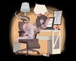 anthro black_hair blush breasts butt caught_in_the_act chair clothed clothed_anthro clothed_female clothing computer_keyboard computer_monitor computer_screen container cup desk embarrassed feet female female_anthro fingers fur furniture hair lamp legwear light_body light_fur long_tail looking_back mug off_shoulder office_chair open_mouth panties round_ears shirt skimpy solo speech_bubble table tail thigh_highs toes topwear trash_can underwear white_clothing white_legwear white_thigh_highs chinya mammal mouse murid murine rodent 2024 digital_media_(artwork) full-length_portrait hi_res portrait