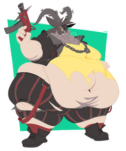 angry anthro belly big_belly boots bottomwear chain_necklace clothing dark_body dark_fur double_chin facial_hair fat_arms footwear fur goatee gun horn huge_belly jacket jewelry leather leather_clothing leather_jacket leather_topwear light_body light_fur machine_gun male moobs morbidly_obese nails necklace obese obese_anthro overweight overweight_anthro pants pattern_bottomwear pattern_clothing pattern_pants ranged_weapon red_clothing red_footwear red_socks shirt shoes simple_background socks solo striped_bottomwear striped_clothing striped_pants stripes topwear torn_clothing weapon wide_hips yellow_clothing yellow_eyes yellow_shirt yellow_topwear boot_(artist) deadlock_(game) valve billy_(deadlock) bovid caprine goat mammal 2025 hi_res