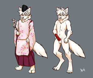 animal_genitalia animal_penis anthro balls biped canine_genitalia canine_penis cherry_blossom clothed clothed_anthro clothed_male clothing erection feet fingers flower front_view fur genitals hair hat headgear headwear male nude nude_anthro nude_male penis plant prunus_(flower) red_eyes simple_background solo standing tail toes white_body white_fur dragonfu canid canine fox mammal 2026 digital_drawing_(artwork) digital_media_(artwork)