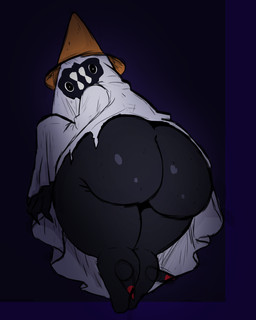 3_fingers anthro bared_teeth big_butt big_pupils black_background black_body butt claws featureless_feet feet fingers ghost_costume gradient_background head_turned huge_butt light male markings mouthless pupils rear_view red_markings red_spikes short_stack simple_background solo spikes spikes_(anatomy) thick_thighs traffic_cone traffic_cone_on_head wide_hips nauiho monster unknown_species 4:5 digital_drawing_(artwork) digital_media_(artwork) hi_res lighting