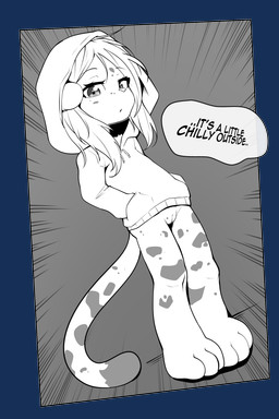 anthro bottomless bottomless_female clothed clothing dialogue female fur genitals hair hoodie hoodie_only markings solo spots spotted_body spotted_fur tail text topwear topwear_only vulva young young_female sicmop fuf_(character) felid leopard mammal pantherine 2:3 absurd_res alpha_channel english_text greyscale hi_res monochrome