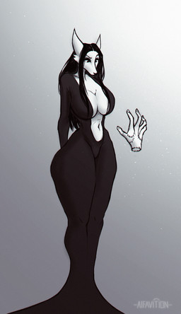 alternate_species anthro big_breasts breasts cleavage clothed clothing disembodied_hand dress eyebrows female fur furrification hair inner_boob nails navel raised_eyebrow solo standing tight_clothing wide_hips alfavition the_addams_family morticia_addams canid canine fox mammal absurd_res hi_res monochrome