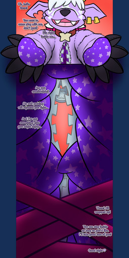 anthro bdsm bondage bound bow_ribbon breaking_the_fourth_wall claws collar ear_piercing ear_ring endosoma facial_markings fangs first_person_view fur hair head_markings hollow_body looking_at_viewer male markings mummification pawpads piercing plushie plushie_vore purple_body purple_fur reaching_towards_viewer ribbon_bondage ribbons ring_piercing safe_vore seam_(sewing) smile solo star star_pendant suit_vore teeth text torn_ear unusual_anatomy vore white_hair zipper sandentwins slightly_damned buwaro_elexion animate_inanimate canid canine fire_demon_(slightly_damned) living_plushie mammal 1:2 absurd_res alpha_channel comic english_text hi_res