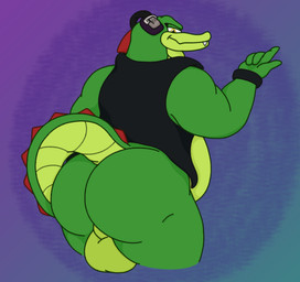 anthro backsack balls big_butt butt clothing electronics genitals gesture green_body hand_gesture headphones looking_at_viewer male multicolored_body non-mammal_balls pointing presenting presenting_hindquarters rear_view red_spines slightly_chubby slightly_chubby_male smile solo tail teeth topwear two_tone_body vest wristband yellow_eyes waniiime sega sonic_the_hedgehog_(series) vector_the_crocodile crocodile crocodilian reptile scalie hi_res