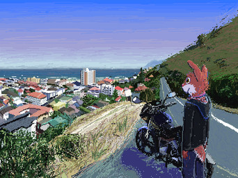 amazing_background anthro biped black_clothing black_shirt black_topwear blue_sky building city clothing day detailed_background fur grass hill male motorcycle orange_body orange_fur plant road shirt sky solo standing topwear vehicle demensa lagomorph leporid mammal rabbit 2019 detailed digital_media_(artwork) pixel_(artwork)