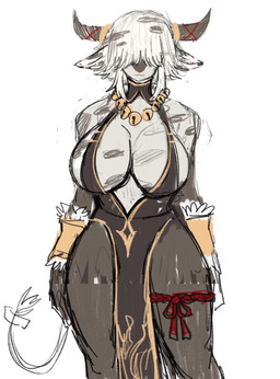 :3 accessory anthro armband big_breasts black_clothing black_dress black_spots bow_ribbon breasts clothed clothing covered_eyes dress female furgonomics gold_dress hair hair_over_eyes horn huge_breasts jewelry long_hair markings necklace ribbons shoulder_length_hair simple_background skimpy solo spots spotted_markings standing tail tail_accessory tail_bow tail_ribbon thick_thighs thin_tail white_background sookmo bovid bovine cattle mammal 2025 digital_media_(artwork) hi_res portrait three-quarter_portrait