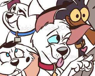black_nose black_spots blue_collar blue_eyes blue_sclera brown_body brown_feathers collar collar_tag feathers female feral fur group heart_collar_tag male pink_inner_ear red_collar spots tongue tongue_out white_body white_fur yellow_sclera cadpig101 101_dalmatians 101_dalmatians:_the_series disney cadpig lucky_(101_dalmatians) rolly_(101_dalmatians) spot_(101_dalmatians) avian bird canid canine canis chicken dalmatian domestic_dog galliform mammal phasianid hi_res