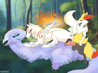 animal_genitalia animal_vulva anthro anthro_on_feral balls bestiality biped bipedal_feral bisexual black_balls black_body black_fur black_vulva canine_genitalia canine_vulva cloaca detailed_background erection female female/female feral feral_on_feral fur genitals group horizontal_cloaca horn humanoid_genitalia humanoid_penis hybrid_genitalia hybrid_penis inner_ear_fluff interspecies larger_female looking_back male male/female male_on_feral markings outside_sex penis pussyjob quadruped red_inner_ear_fluff red_markings sex sheath sheathed_humanoid_penis size_difference smaller_male smile tail trio tuft vulva white_body white_fur yellow_body yellow_fur digitoxici bad_dragon capcom clover_studio mythology nintendo okami_(capcom) pokemon amaterasu_(okami) nix_(bad_dragon) braixen canid canine canis dragon generation_6_pokemon mammal mythological_creature mythological_scalie pokemon_(species) scalie wolf 2023 crossover digital_media_(artwork) hi_res