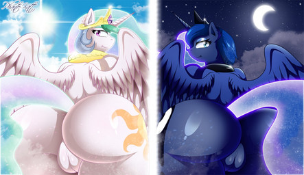 anthro aura blue_body blue_fur butt crown cutie_mark day duo feathers female fur genitals headgear horn looking_at_viewer moon night nude outside pose sky smile star sun tiara vulva white_body white_fur wings phanto-katt friendship_is_magic hasbro my_little_pony mythology princess_celestia_(mlp) princess_luna_(mlp) equid equine mammal mythological_creature mythological_equine winged_unicorn 2017 digital_media_(artwork) pinup
