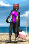 4_toes anthro ball barefoot beach black_body black_fur black_nose breasts claws clothed clothing digitigrade feet female fingers fur grin hair hindpaw holding_volleyball humanoid_hands looking_at_viewer net one-piece_swimsuit paws red_hair sand seaside smile solo sport_swimsuit standing swimwear teeth toe_claws toes volleyball_(ball) volleyball_net water mykegreywolf canid canine fox mammal 2021 2:3 absurd_res digital_media_(artwork) hi_res