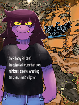 anthro bangs clothed clothed_anthro clothed_female clothing detailed_background female humor light looking_at_viewer machine one_fang plant purple_body purple_skin shirt smile solo text text_on_clothing text_on_shirt text_on_topwear tomboy topwear yellow_eyes yellow_sclera fatz_geronimo deltarune rainforest_cafe undertale_(series) susie_(deltarune) animatronic crocodilian reptile robot scalie english_text hi_res lighting shaded