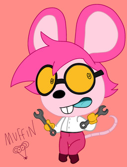 anthro boots clothing coat eyewear female footwear fur glasses gloves handwear lab_coat long_teeth open_mouth pink_body pink_fur shoes solo tools topwear wearing_glasses wrench rob-posa muffin_(goommymuffin) mammal murid murine rodent hi_res
