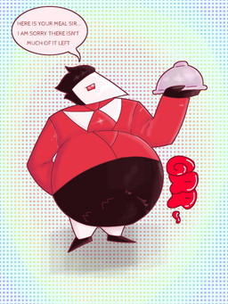 abdominal_bulge anthro belly belly_expansion belly_inflation embarrassed expansion inflation male overweight overweight_male rumbling_stomach solo vinny_fatfur weight_gain deltarune undertale_(series) avian bird corvid corvus_(genus) crow oscine passerine swatchling hi_res