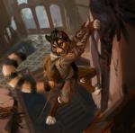 anthro backpack building claws climbing climbing_wall clothed clothing detailed_background fur hair male rope ruins solo stripes lofi linsang mammal viverrid digital_media_(artwork) digital_painting_(artwork) hi_res