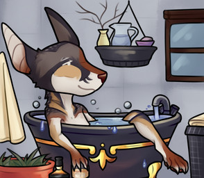 alcohol anthro bathroom beverage bubble chibi digitigrade inside male micro relaxing solo kiri-anko canid canine canis domestic_dog mammal