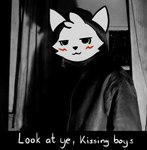 anthro blush clothed clothing fur hair looking_at_viewer male solo text white_body white_fur blackbetty boy_kisser_(meme) silly_cat_(mauzymice) domestic_cat felid feline felis mammal meme