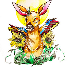 ambiguous_gender brown_body brown_fur feathered_wings feathers feral flower fur grass orange_eyes plant solo sun sunflower wings clara_bacou deer mammal 1:1 hi_res painting_(artwork) traditional_media_(artwork) traditional_painting_(artwork) traditional_watercolor_(artwork) watercolor_(artwork)