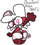 4_fingers anthro big_butt blush blush_stickers bubble_butt buckteeth bulge bulge_from_behind butt clothed clothing crossdressing curvy_figure dialogue facial_tuft femboy fingers fur gesture gloves handwear legwear leotard male oblivious open_mouth pink_blush pink_eyes post-it_note short_stack simple_background skimpy solo standing superhero superhero_costume teeth text thick_thighs thigh_highs tuft waving white_background white_body white_ears white_fur wide_hips ruby_rabbit ruby_rabbit_(character) lagomorph leporid leproid mammal rabbit french_text hi_res