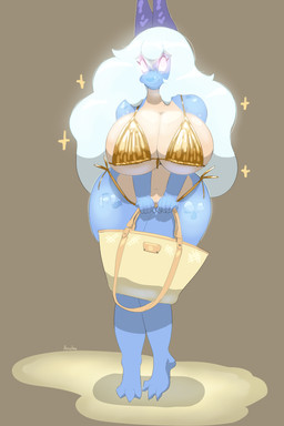 anthro bag big_breasts bikini blue_body blue_hair breasts cleavage clothed clothing ear_piercing ear_ring eyelashes female glistening glistening_bikini glistening_breasts glistening_clothing glistening_swimwear gold_bikini hair horn huge_breasts micro_bikini navel non-mammal_breasts non-mammal_navel piercing pink_eyes ring_piercing scales simple_background solo swimwear thick_thighs two-piece_swimsuit under_boob wide_hips anselme golden_week mythology sangerla_(anselme) dragon mythological_creature mythological_scalie reptile scalie wingless_dragon 2026 absurd_res hi_res