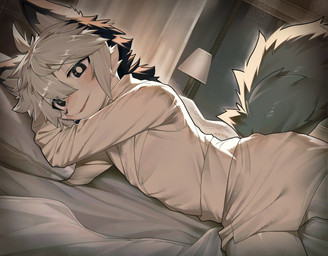 anthro bathrobe bed bedroom blush clothed clothing fully_clothed fur furniture hair kemono looking_at_viewer lying male multicolored_hair on_bed on_side robe solo white_body white_clothing white_fur white_robe young young_anthro young_male sosak0622 mammal 2025 absurd_res hi_res