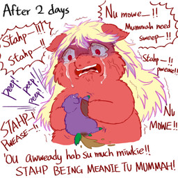 abuse ambiguous_gender baby_talk blonde_eyelashes blonde_hair bodily_fluids child_abuse cross-popping_vein crying dialogue duo eyelashes feces female female_feral feral fur green_hooves green_tail hair hooves imminent_death insane lifting_another looking_at_another mind_break neonate pooping purple_body purple_fur red_body red_eyes red_fur tail tears text young young_ambiguous young_feral yellowcottoncandy030 fluffy_pony fluffy_pony_(species) mammal 1:1 2025 comic digital_media_(artwork) english_text hi_res