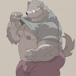 anthro belly black_nose blush bottomwear bulge clothing humanoid_hands kemono male moobs nipples overweight overweight_male pants simple_background solo dumdum canid canine canis domestic_dog mammal 1:1 2021 hi_res