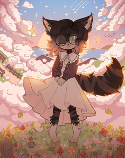 anthro clothed clothed_anthro clothing cloud dress eyewear female flower fully_clothed fully_clothed_anthro fur fur_markings glasses gloves_(marking) hair inner_ear_fluff leg_markings markings multicolored_hair plant round_glasses sky skyscape socks_(marking) solo sunset tuft two_tone_hair stareenn6 tostada_(tlacuache) domestic_cat felid feline felis maine_coon mammal absurd_res hi_res