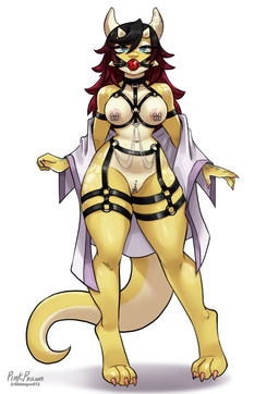 anthro areola ball_gag biped breasts christina_piercing female gag gagged genital_piercing genitals hair horn labia_piercing long_hair multicolored_body navel nipple_piercing nipples non-mammal_breasts non-mammal_hair non-mammal_navel non-mammal_nipples non-mammal_vulva piercing simple_background thick_thighs vulva vulva_piercing yellow_body pink_prawn scalie absurd_res hi_res