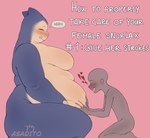 ambiguous_gender anthro belly belly_blush belly_rub big_belly big_breasts big_butt blush bodily_fluids body_blush body_positivity body_worship breasts butt drooling duo faceless_character female hand_on_belly hearts_around_head kneeling overweight overweight_female saliva side_view text thick_thighs wide_hips iamnot4sadito nintendo pokemon generation_1_pokemon human mammal pokemon_(species) snorlax english_text hi_res