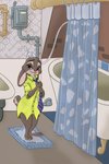 2016 anthro barefoot bathroom bathtub bottomless claw_foot_bathtub clothed clothing color_edit colored detailed_background disney ears_down feet female fur goldenrod_(artist) grey_body grey_fur hi_res inside judy_hopps lagomorph leporid mammal necktie pivoted_ears rabbit ruaidri shirt smile solo standing third-party_edit topwear zootopia