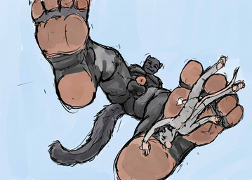 anthro balls black_balls black_body black_fur blue_background bodily_fluids cum dominant_macro duo ejaculation extreme_size_difference feet foot_fetish fur genital_fluids genitals grey_body grey_fur looking_down low-angle_view macro male male/male micro mouse_tail muscular nude_male nude_micro penis pink_penis pinned pinned_by_foot predator/prey simple_background size_difference smile tail underfoot jeri_kleinlowe domestic_cat felid feline felis mammal mouse murid murine rodent 2012 colored guide_lines