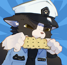black_body black_eyes black_fur black_necktie blue_dress_shirt clothing cracker cute_fangs eating eating_food fangs food fur hat headgear headwear male multicolored_body multicolored_eyes multicolored_fur necktie officer officer_uniform solo teeth white_body white_fur yellow_eyes asenjian domestic_cat felid feline felis mammal 2025 hi_res