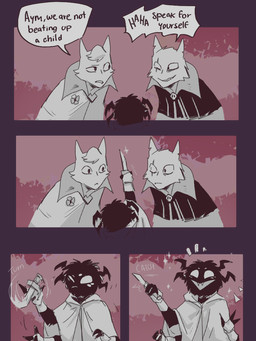 ambiguous_anthro ambiguous_gender anthro clothed clothed_anthro clothing dialogue eye_contact eye_scar facial_scar group holding_knife holding_object knife looking_at_another scar speech_bubble text trio aveloka cult_of_the_lamb don't_starve klei_entertainment massive_monster_(studio) aym_(cult_of_the_lamb) baal_(cult_of_the_lamb) webber arachnid arthropod domestic_cat felid feline felis mammal spider 2025 3:4 comic digital_drawing_(artwork) digital_media_(artwork) english_text