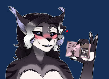 anthro aroused bedroom_eyes blush blush_lines ear_tuft female half-closed_eyes heart_symbol holding_card holding_object horn looking_at_viewer narrowed_eyes permit seductive solo tuft nethil monster_fucker_permit emie_(arctikus) felid hybrid mammal alpha_channel