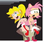 anthro blonde_hair blue_eyes breasts cuff_(restraint) duo ear_piercing female hair handcuffs metal_cuffs nipples open_mouth piercing pink_body restraints strapon tongue tongue_out monkeycheese mario_bros nintendo sega sonic_the_hedgehog_(series) amy_rose princess_peach eulipotyphlan hedgehog human mammal 2009