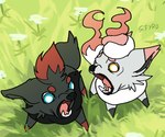 ambiguous_gender duo feral flower grassfield growling humor plant blitzdrachin conditional_dnp nintendo pokemon canid canine canis chihuahua domestic_dog generation_5_pokemon mammal pokemon_(species) toy_dog zorua hi_res meme tagme