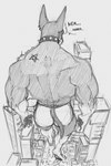 anthro back_muscles bird's-eye_view butt city city_crushing city_destruction collar destruction feet fur high-angle_view macro male manly muscular muscular_anthro muscular_male occult_symbol pentagram solo speech_bubble spiked_collar spikes symbol perenthis scarlett_(perenthis) canid canine canis dobermann domestic_dog mammal pinscher greyscale hi_res monochrome