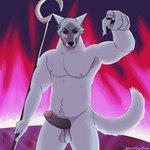 anthro armpit_hair aroused balls big_penis black_penis body_hair erection fire fire_background fluffy fur genitals grey_body grey_fur humanoid_genitalia humanoid_penis male muscular nipples nude pawpads pecs penis red_eyes saggy_balls solo tail tongue weapon cariadcarw dreamworks puss_in_boots_(franchise) death_(puss_in_boots) canid canine canis mammal wolf 1:1 hi_res portrait three-quarter_portrait