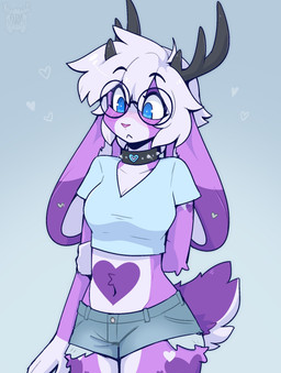 anthro antlers black_eyebrows black_horn blue_clothing blue_crop_top blue_eyes blue_shirt blue_topwear blush bottomwear breasts cleavage clothed clothing collar crop_top ear_piercing eyebrows eyelashes eyewear female fur glasses hair heart_(marking) horn long_ears looking_down markings medium_breasts multicolored_body multicolored_fur navel piercing pink_nose purple_body purple_fur shirt short_hair shorts simple_background solo spiked_collar spikes tail topwear wearing_glasses white_body white_fur white_hair fleurfurr jackalope lagomorph leporid mammal rabbit cel_shading colored digital_drawing_(artwork) digital_media_(artwork) hi_res shaded