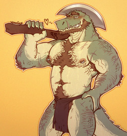anthro arm_scar arm_tuft armpit_hair axe beard blush body_hair bottomwear brown_eyebrows brown_hair chest_hair clothed clothing countershading eyebrows facial_hair green_body green_scales hair hairy hand_on_hip heart_symbol holding_axe holding_object leg_scar loincloth looking_at_viewer male musclegut muscular neck_scar nipple_piercing nipple_ring nipples non-mammal_hair non-mammal_nipples piercing pubes ring_piercing scales scar scars_all_over shoulder_hair shoulder_tuft simple_background solo tail tail_ridge topless topless_anthro topless_male tuft weapon weapon_on_shoulder yellow_background xeoniios thrastor_(xeoniios) crocodile crocodilian reptile scalie 2020 digital_media_(artwork) hi_res