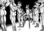 anthro antlers balls bdsm boots bottomwear bulge butt chaps chastity_cage chastity_device clothed clothing cuffs_(clothing) discipline dominant dominant_male eyewear footwear gas_mask genitals gloves goggles group hands_behind_back handwear harness hat headgear headwear horn legwear male mask multiple_doms_one_sub multiple_subs multiple_subs_one_dom muscular muscular_anthro muscular_male mutual_chastity partially_clothed riding_crop shoes simple_background size_difference small_dom_big_sub solo_focus standing standing_at_attention standing_in_line submissive submissive_male training uniform wearing_mask whip momamo canid canine canis cervine deer dobermann domestic_dog mammal pinscher 2022 hi_res monochrome traditional_media_(artwork)