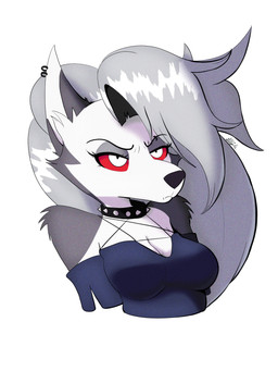 anthro breasts clothing collar ear_piercing ear_ring eyebrow_piercing facial_piercing female fur grey_body grey_fur grey_hair hair piercing red_sclera ring_piercing solo spiked_collar spikes topwear white_body white_eyes white_fur doylecoati hellaverse helluva_boss mythology loona_(helluva_boss) canid canid_demon canine demon hellhound mammal mythological_canine mythological_creature 2022 3:4 digital_media_(artwork) hi_res