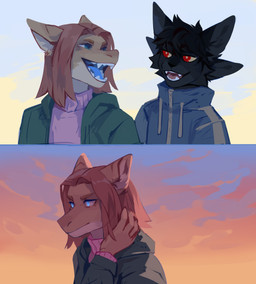 4_ears anthro blue_clothing blue_eyes blue_jacket blue_tongue blue_topwear brown_hair clothed clothing duo fangs female fur green_clothing green_jacket green_topwear hair jacket male multi_ear narrowed_eyes open_mouth orange_body orange_fur pink_clothing pink_sweater pink_topwear pupils red_eyes red_tongue simple_background solo sweater tan_body tan_fur teeth tongue topwear unsigned yellow_pupils yellow_sclera corzh77 mythology domestic_cat dragon felid feline felis furred_dragon furred_scalie mammal mythological_creature mythological_scalie scalie absurd_res hi_res multiple_images