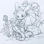 anthro clothed clothing female fully_clothed fur holding_object holding_umbrella looking_at_viewer outside plant rock smile solo umbrella dogear218 disney zootopia judy_hopps lagomorph leporid mammal rabbit 1:1 hi_res sketch