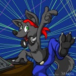 anthro black_nose clothing disc_jockey electronics green_eyes happy headkerchief headphones headphones_around_neck kerchief male music open_mouth record_player solo tail yamavu lupine_assassin canid canine canis mammal wolf 1:1 source_request