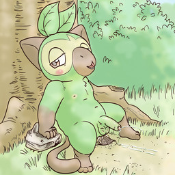 anal anal_penetration balls blush bodily_fluids cum erection feral foreskin genital_fluids genitals green_body humanoid_genitalia humanoid_penis looking_at_viewer male nude outside penetration penis sex solo lavilovi nintendo pokemon generation_8_pokemon grookey haplorhine mammal monkey pokemon_(species) primate 1:1 digital_media_(artwork)