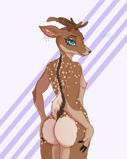 anthro antlers big_butt breasts butt female horn nipple_piercing nipples piercing raised_tail seductive small_breasts solo spots tail cyberat cervine deer fallow_deer mammal hi_res