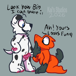 aged_down anatomically_correct anatomically_correct_genitalia animal_genitalia animal_penis anthro blue_eyes canine_genitalia canine_penis dialogue duo genitals male male/male orange_body pawpads penis standing white_body young young_anthro young_male kais_studios kai_the_tyranowolf spot_(kais_studios) canid canine canis dalmatian dinosaur domestic_dog mammal prehistoric_species reptile scalie 1:1 2026 absurd_res hi_res