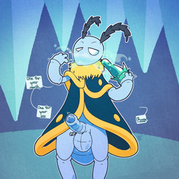 3_fingers antennae_(anatomy) anthro arthropod_abdomen balls big_balls blue_balls blue_glans blue_penis bottomless bottomless_anthro bottomless_male choice clothed clothing dildo erection exoskeleton fingers foreskin genitals glans humanoid_genitalia humanoid_penis ice ice_dildo improvised_sex_toy male partially_retracted_foreskin penis presenting presenting_penis sex_toy solo text argon_vile bug_fables moonsprout_games leif_(bug_fables) arthropod insect lepidopteran moth 1:1 english_text hi_res